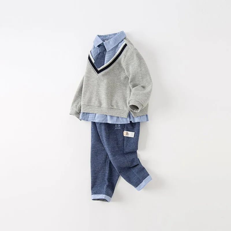 Space Travel Boy Fake Two-piece Grey Sweater & Pants Set