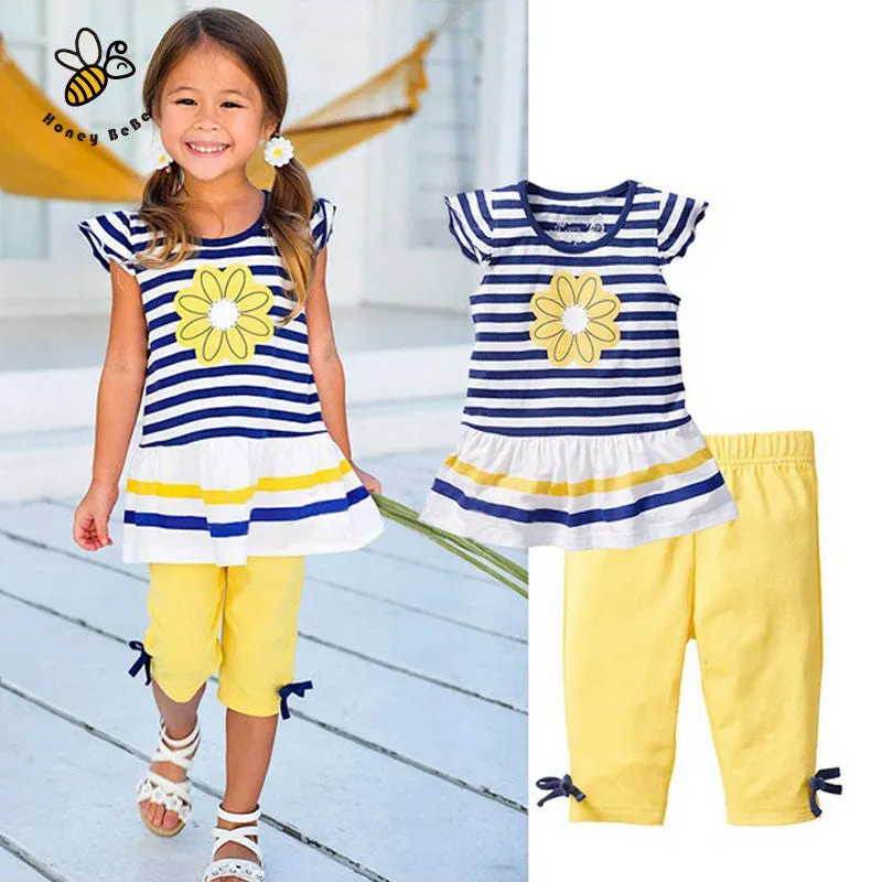 Summer Flower Girls Clothing Sets Baby Kids Clothes Suit Striped Short Sleeve T-shirt   Pants Girls Clothes Children Clothing