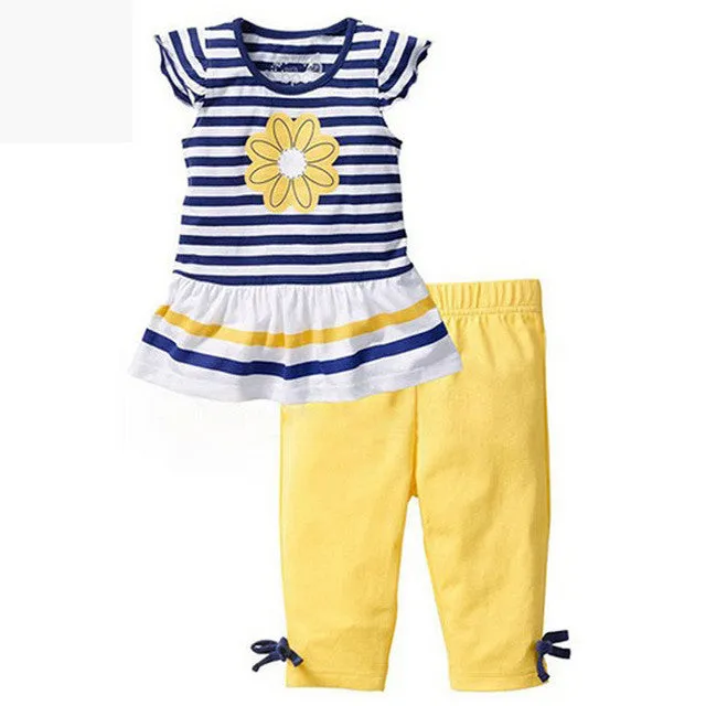 Summer Flower Girls Clothing Sets Baby Kids Clothes Suit Striped Short Sleeve T-shirt   Pants Girls Clothes Children Clothing