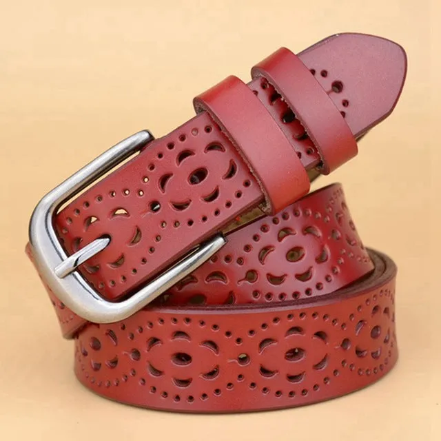 [TG] Hot Sale Unique Genuine Leather Women Belt Cowhide Punched Strap All Match Jeans Female Belts For Women High Quality