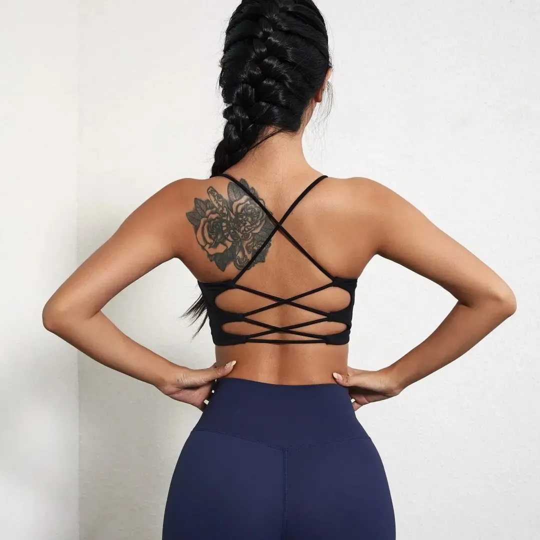 U-Shaped Multi-Strap Cross Back Women Fitness Gym Yoga Athletic Tight Workout Jog Soft Sports Bra in Solid Color