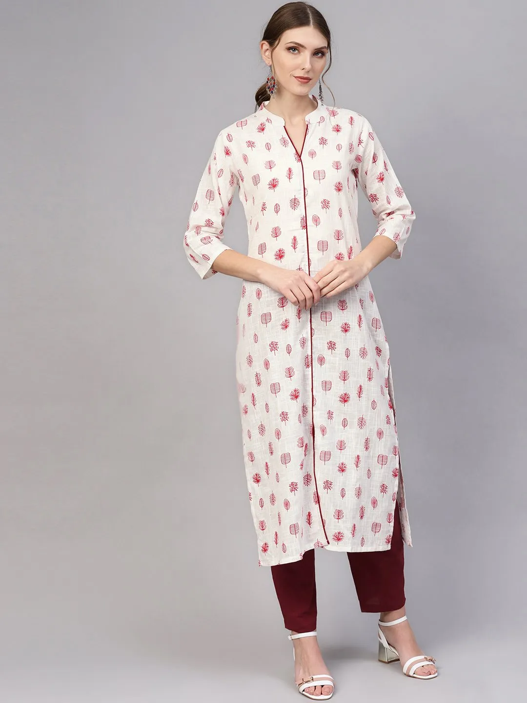 White Printed Madarin Collered Kurta With Solid Maroon Pants