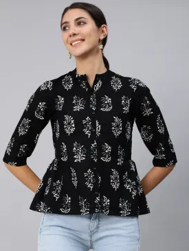 Women Black Printed Top With Three Quarter Flared Sleeves