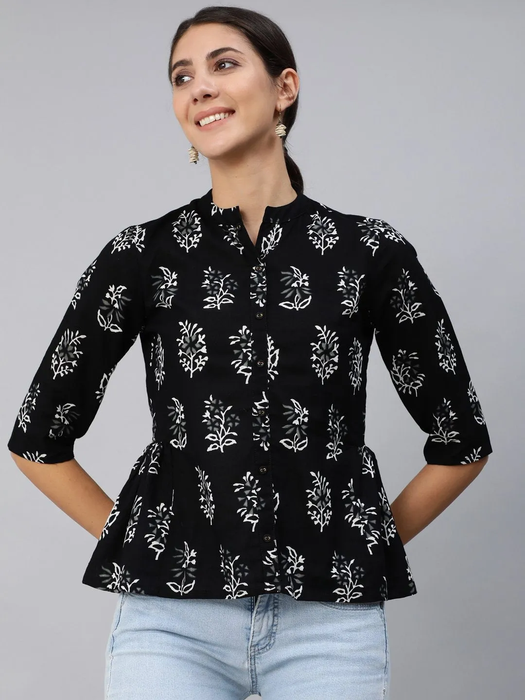 Women Black Printed Top With Three Quarter Flared Sleeves