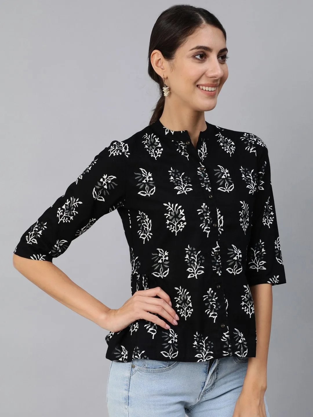 Women Black Printed Top With Three Quarter Flared Sleeves