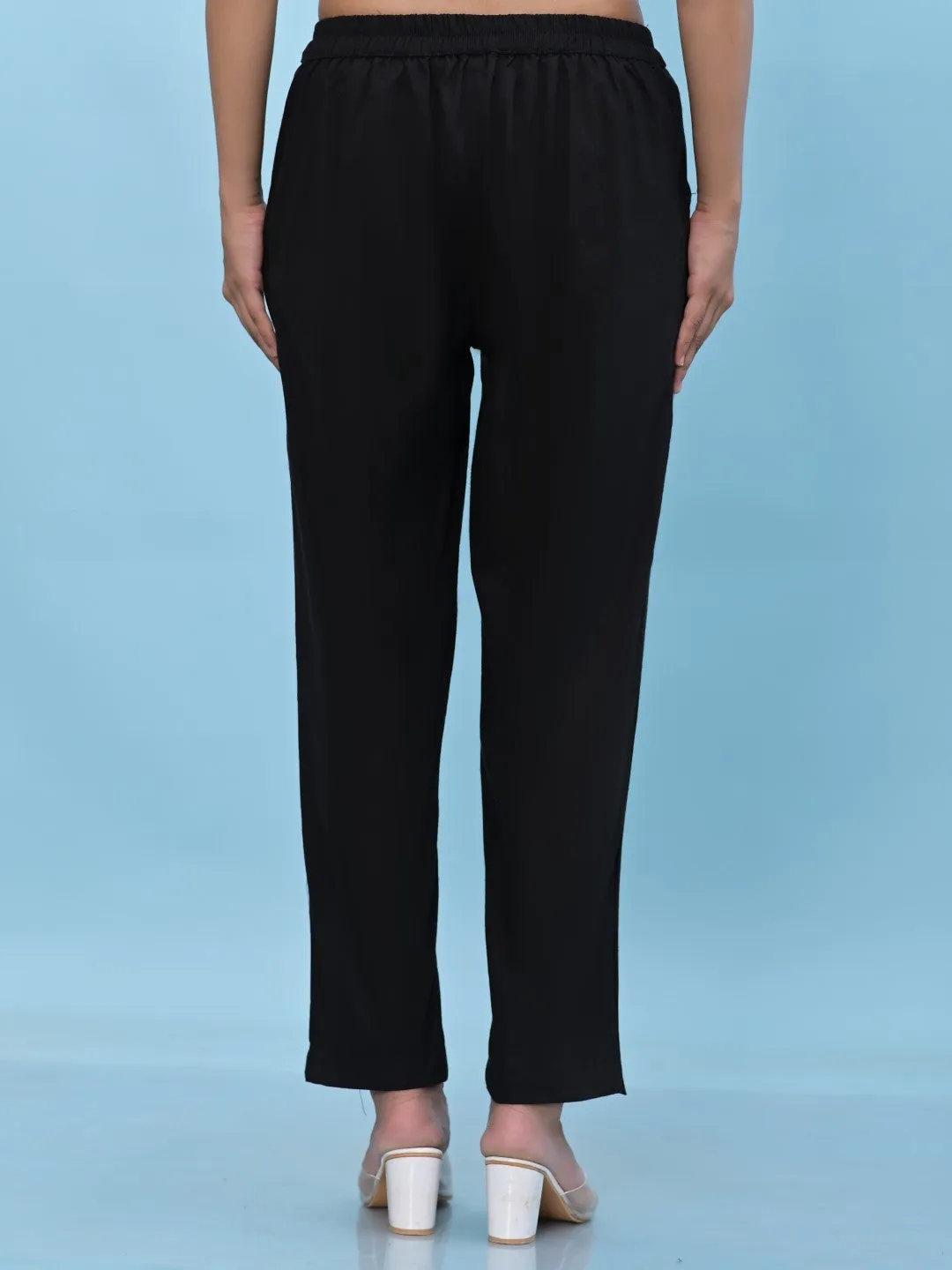 Women Black Solid Cotton Pants With Partially Elasticated Waistband And Two Side Pockets