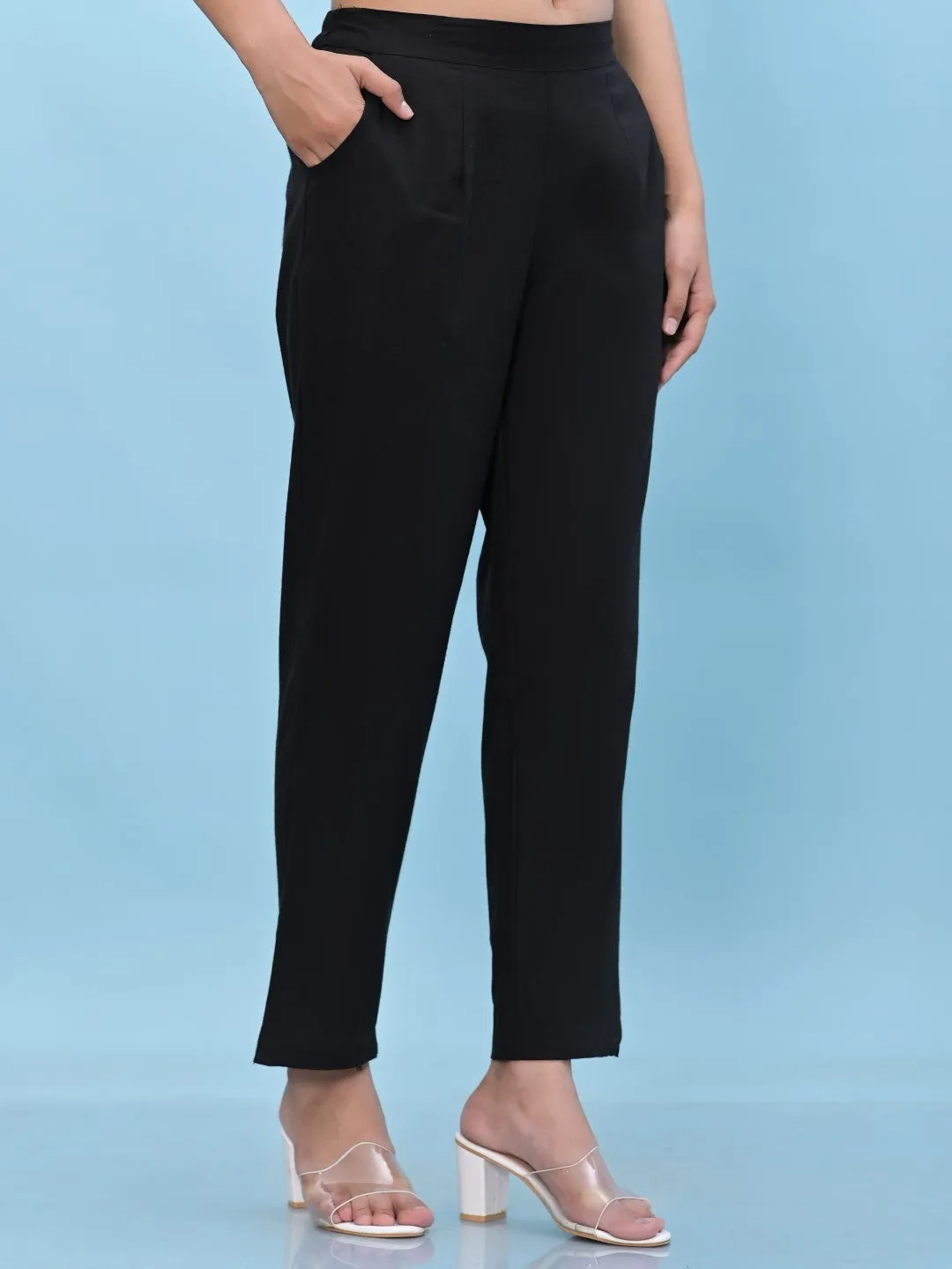 Women Black Solid Cotton Pants With Partially Elasticated Waistband And Two Side Pockets