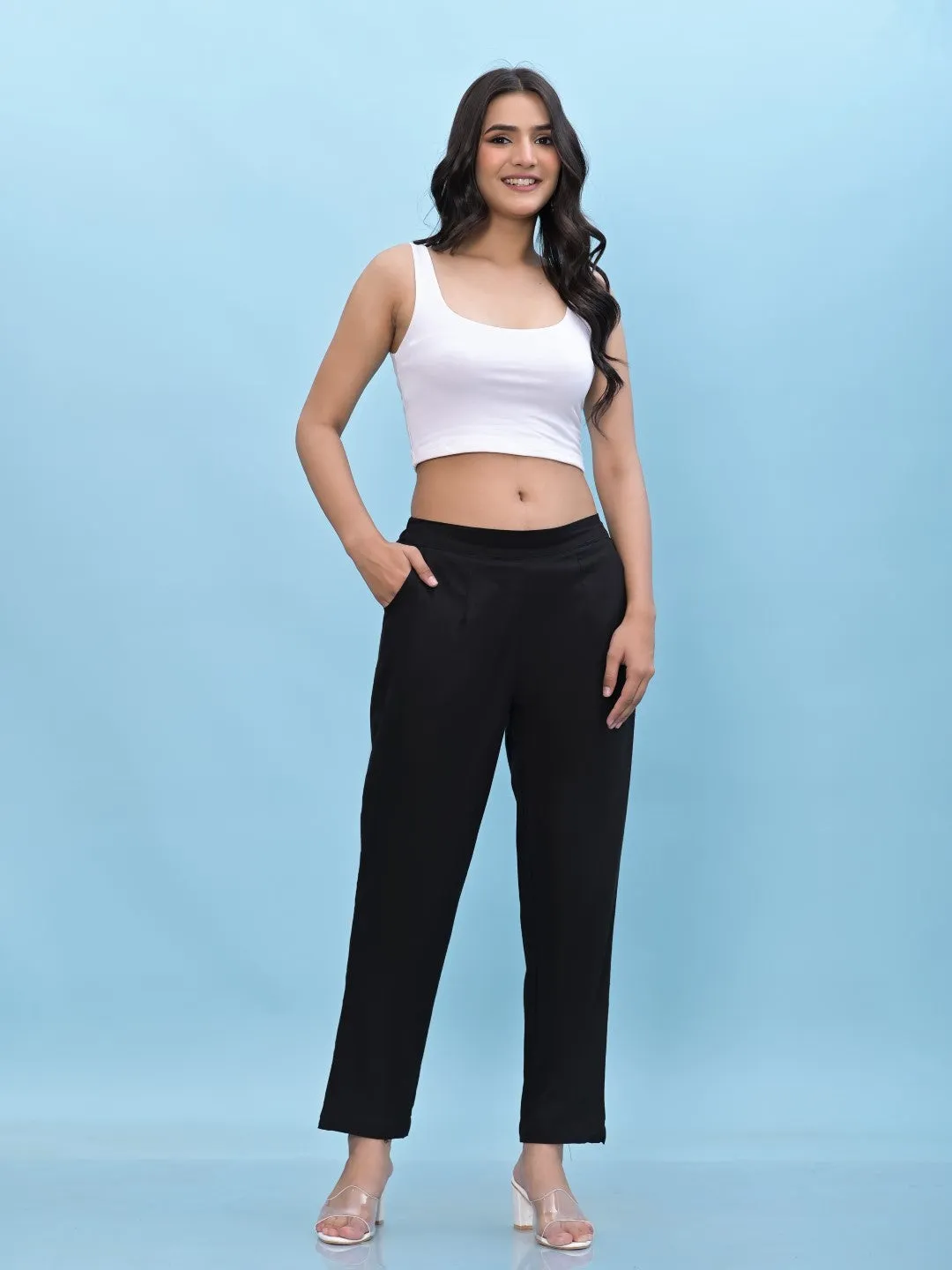 Women Black Solid Cotton Pants With Partially Elasticated Waistband And Two Side Pockets