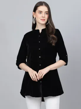 Women Black Solid Velvet A-Line Shirts Style Top