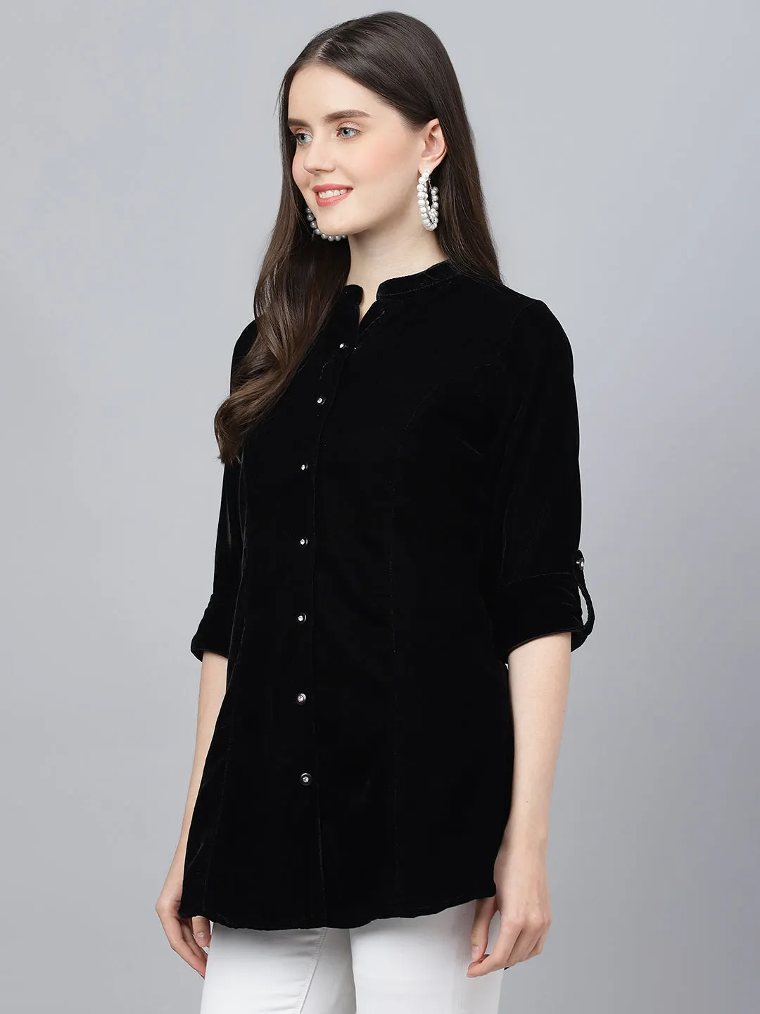 Women Black Solid Velvet A-Line Shirts Style Top