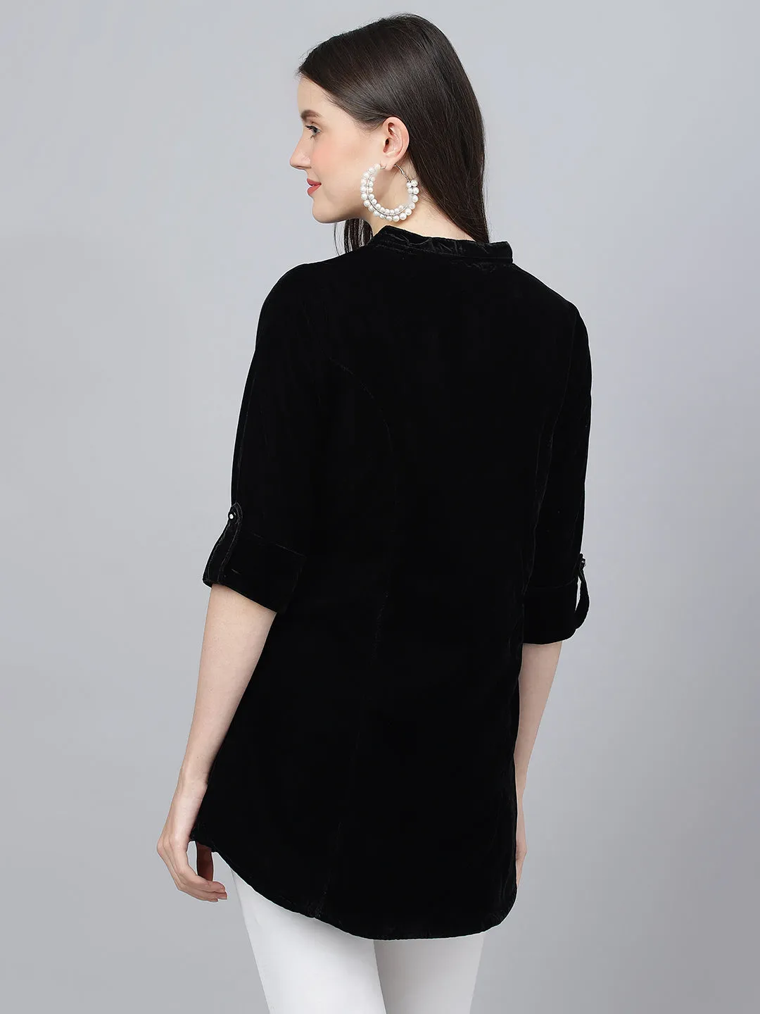 Women Black Solid Velvet A-Line Shirts Style Top