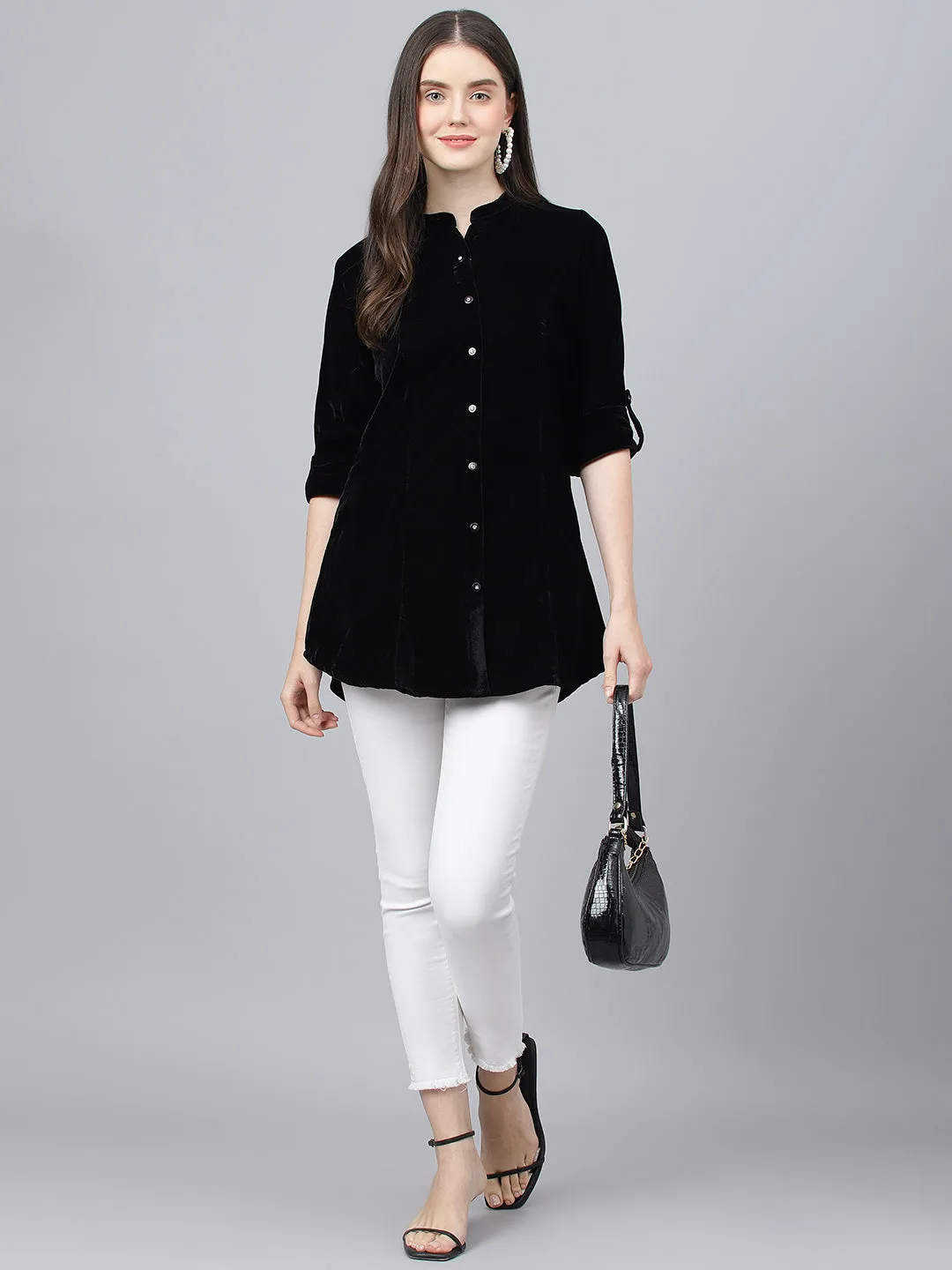 Women Black Solid Velvet A-Line Shirts Style Top