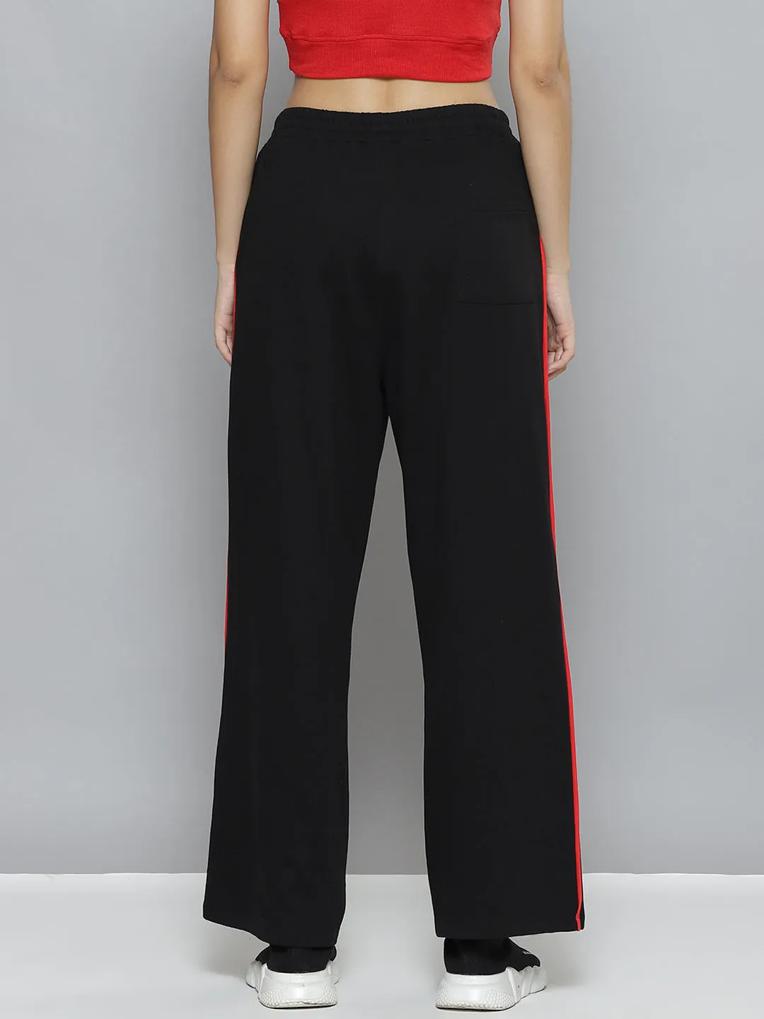 Women Black Terry Active Contrast Piping Straight Pants