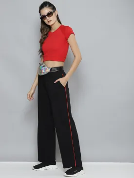 Women Black Terry Active Contrast Piping Straight Pants