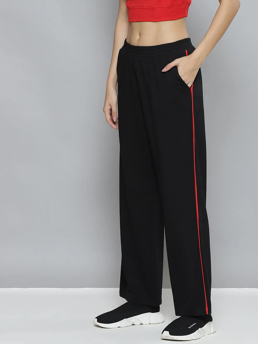 Women Black Terry Active Contrast Piping Straight Pants