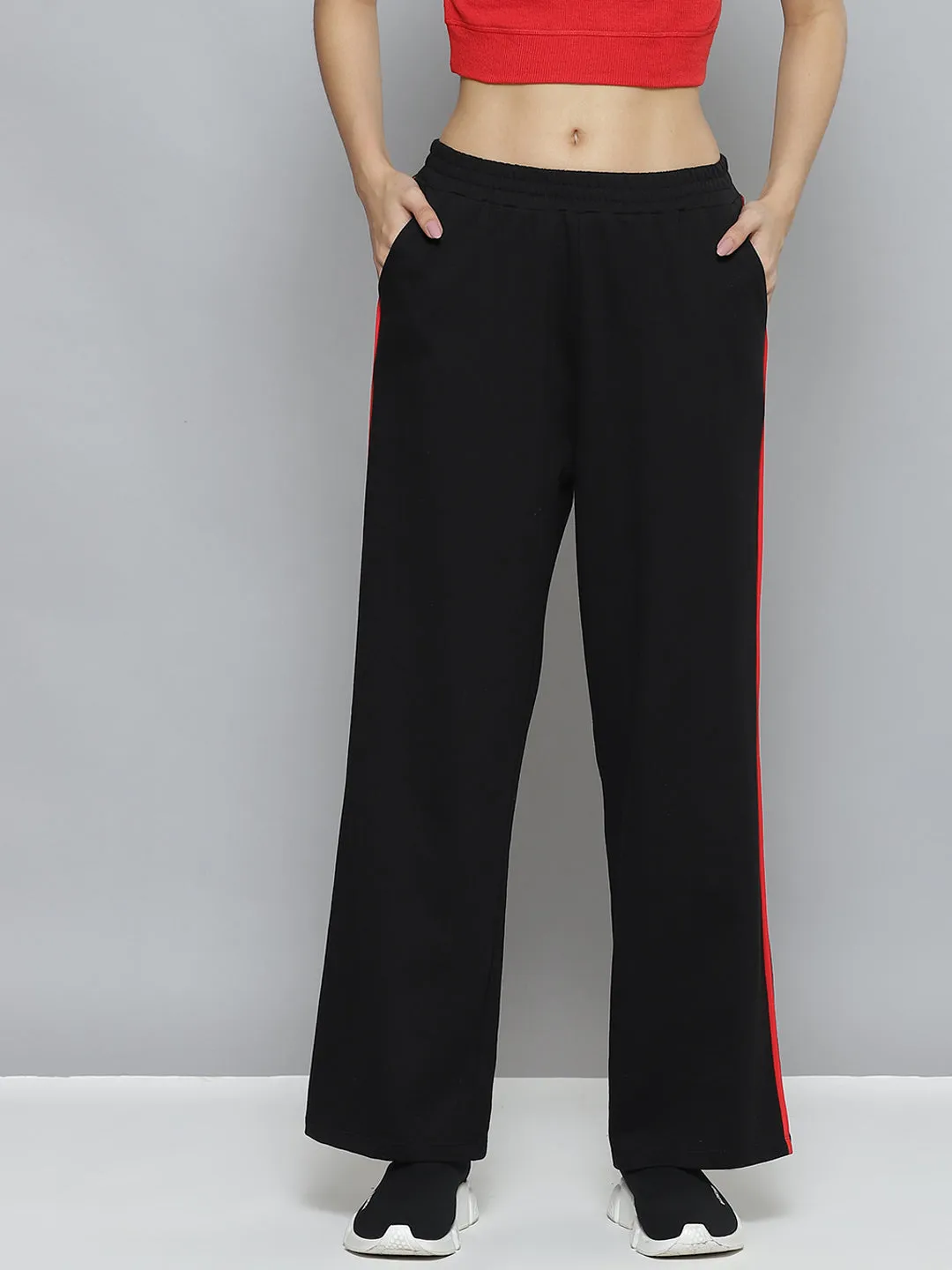 Women Black Terry Active Contrast Piping Straight Pants