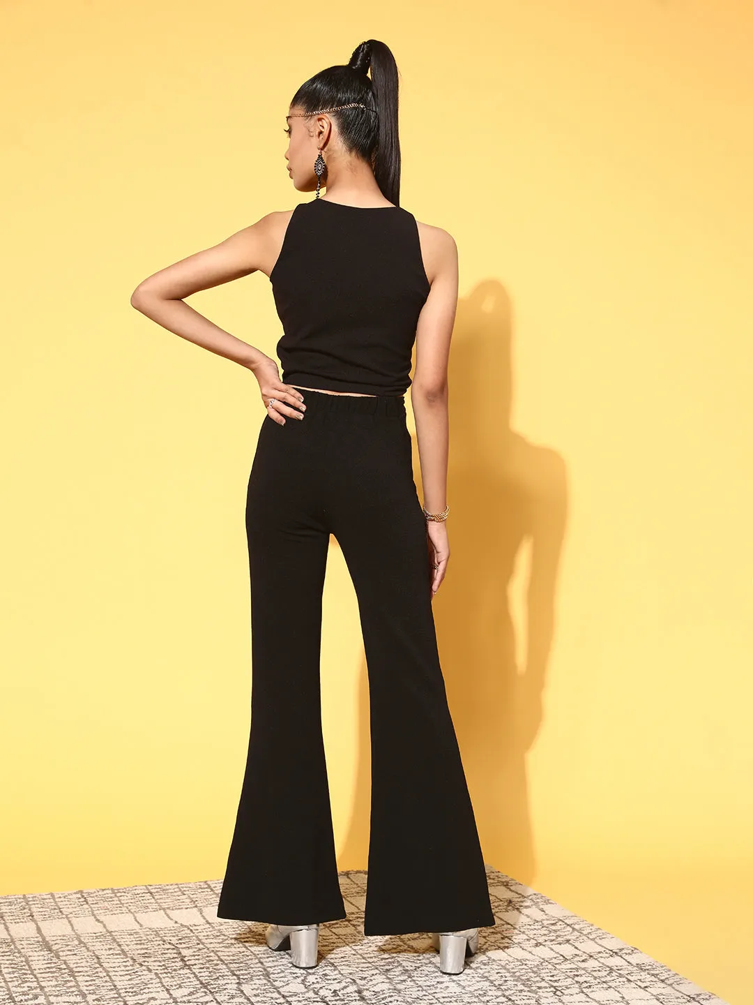 Women Black Twisted Bell Bottom Pants With Twisted Crop Top