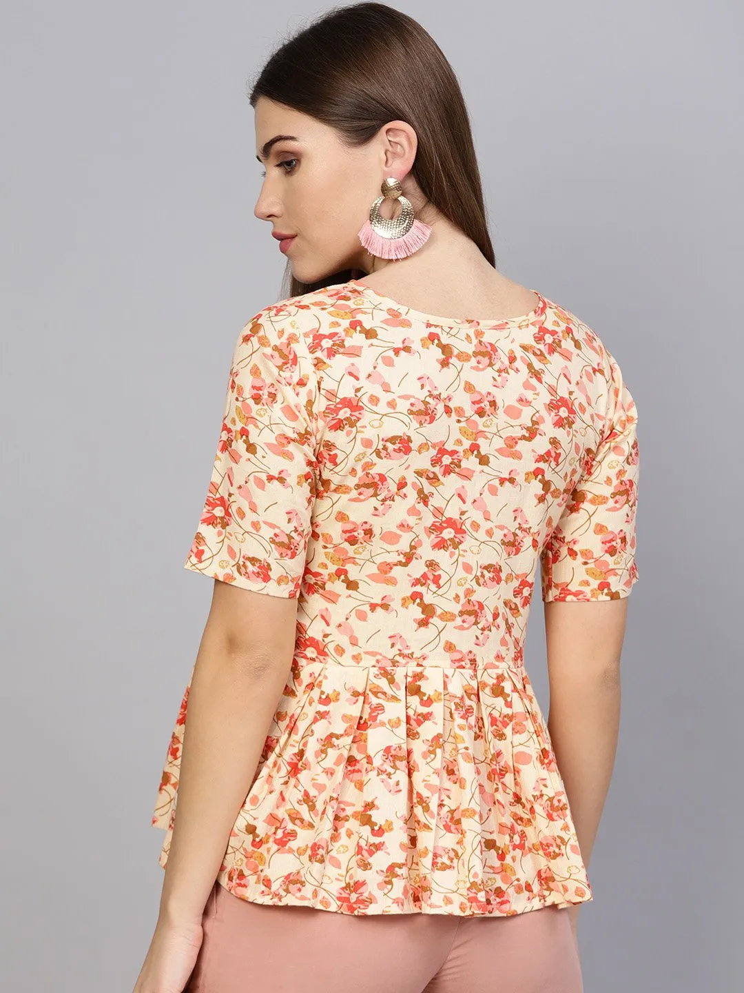 Women Cream-Coloured & Pink Printed Peplum Top