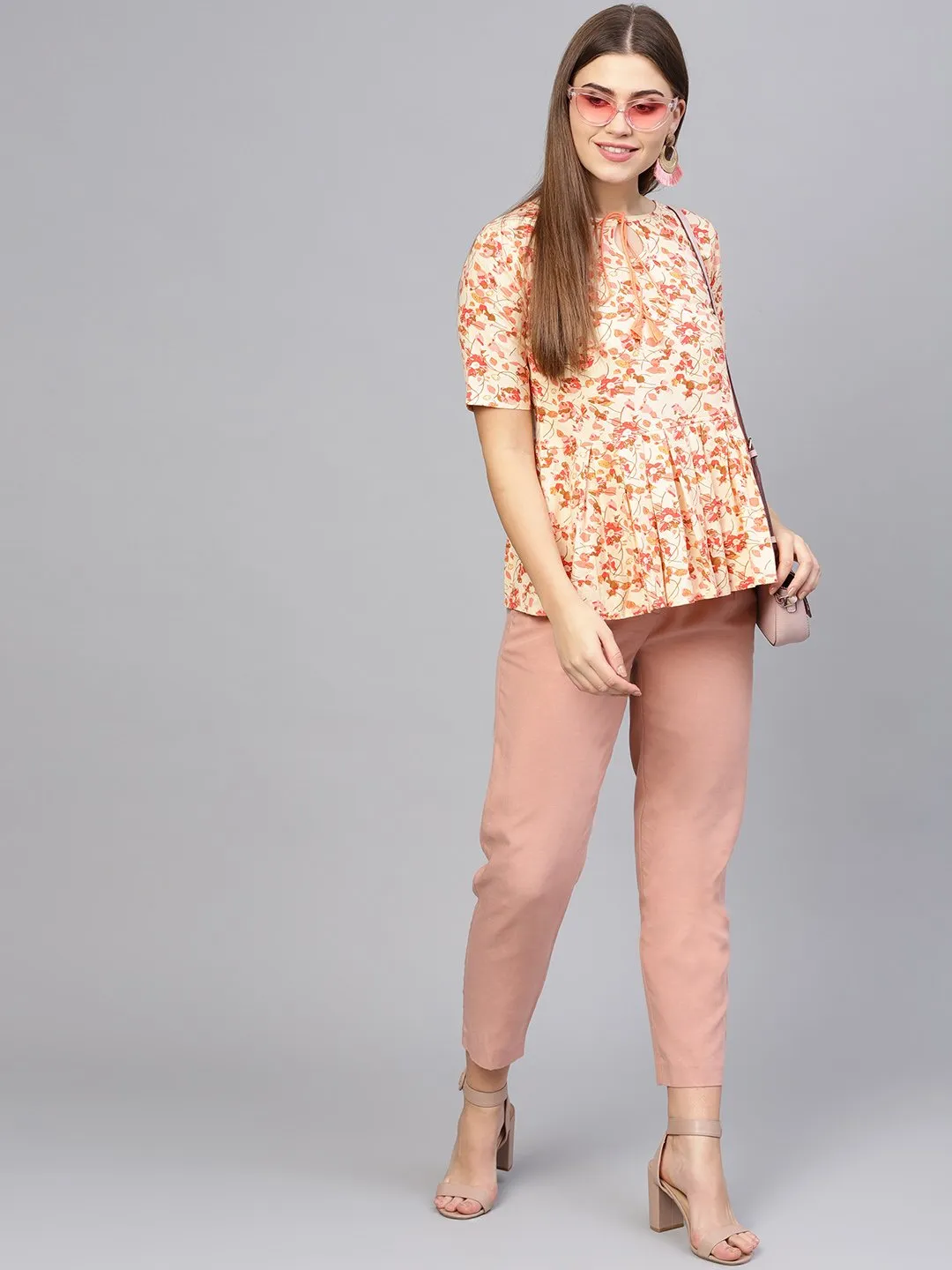 Women Cream-Coloured & Pink Printed Peplum Top