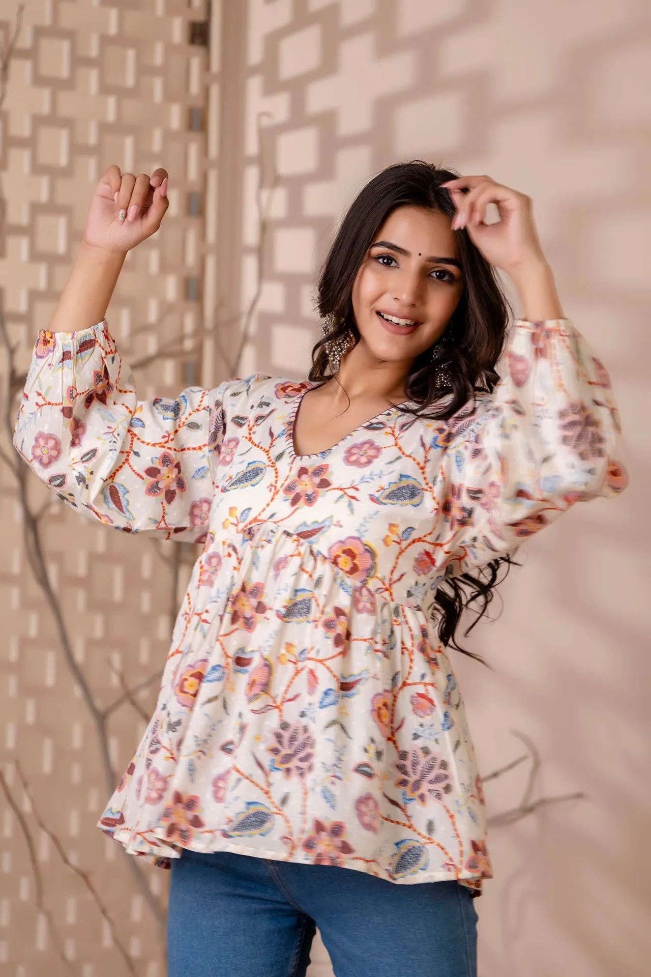 Women Off White Printed V-Neck Peplum Tunic