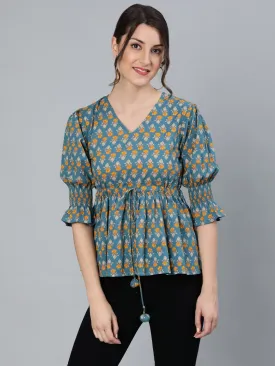 Women Teal Blue & Yellow Printed Top With V Neck & Three Quarter Sleeves