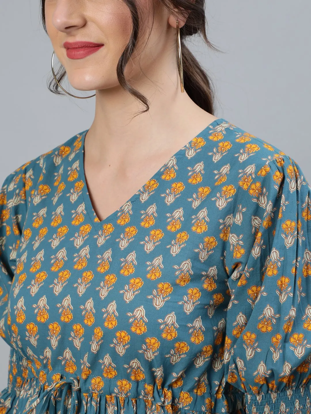 Women Teal Blue & Yellow Printed Top With V Neck & Three Quarter Sleeves