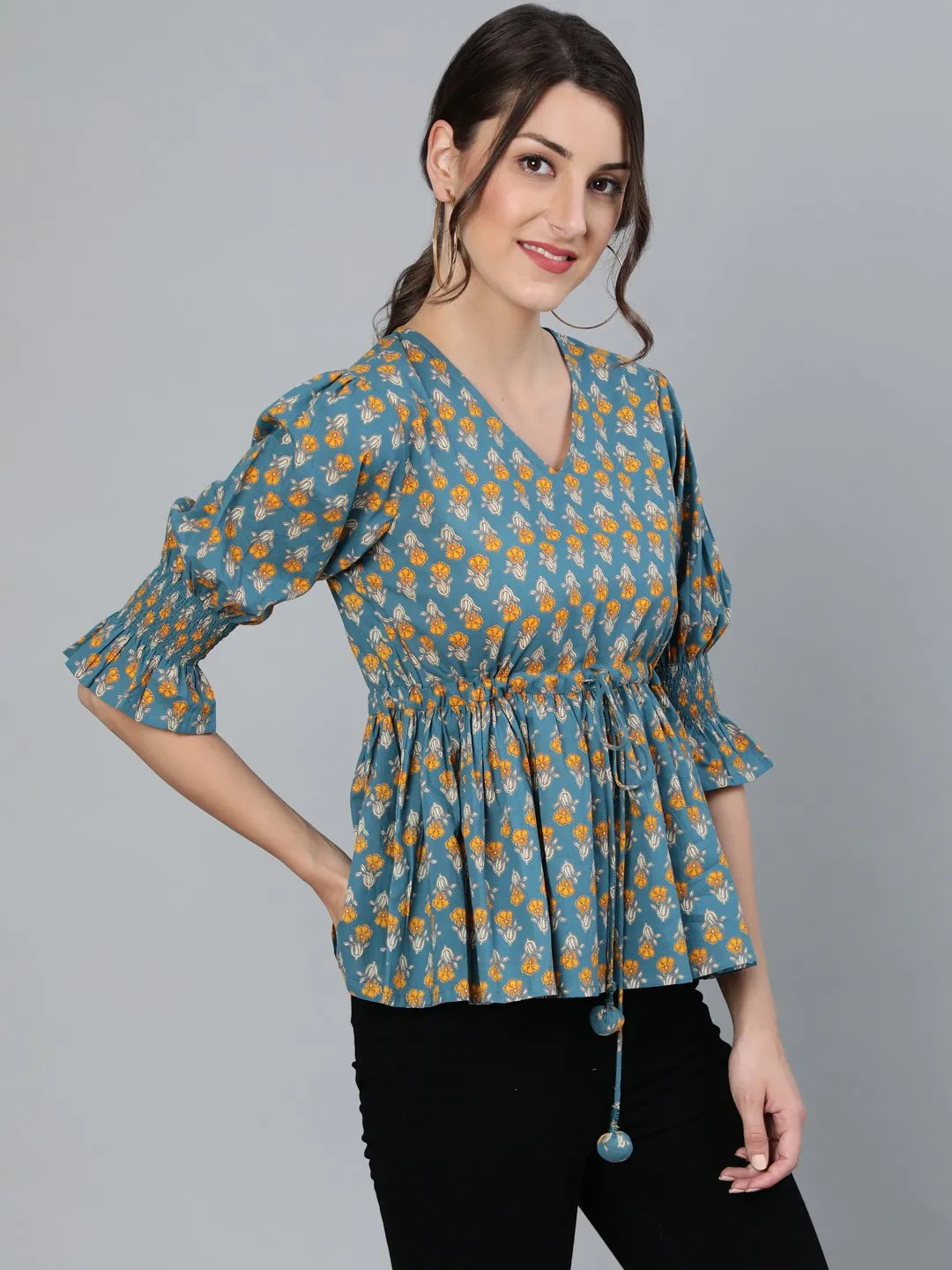 Women Teal Blue & Yellow Printed Top With V Neck & Three Quarter Sleeves