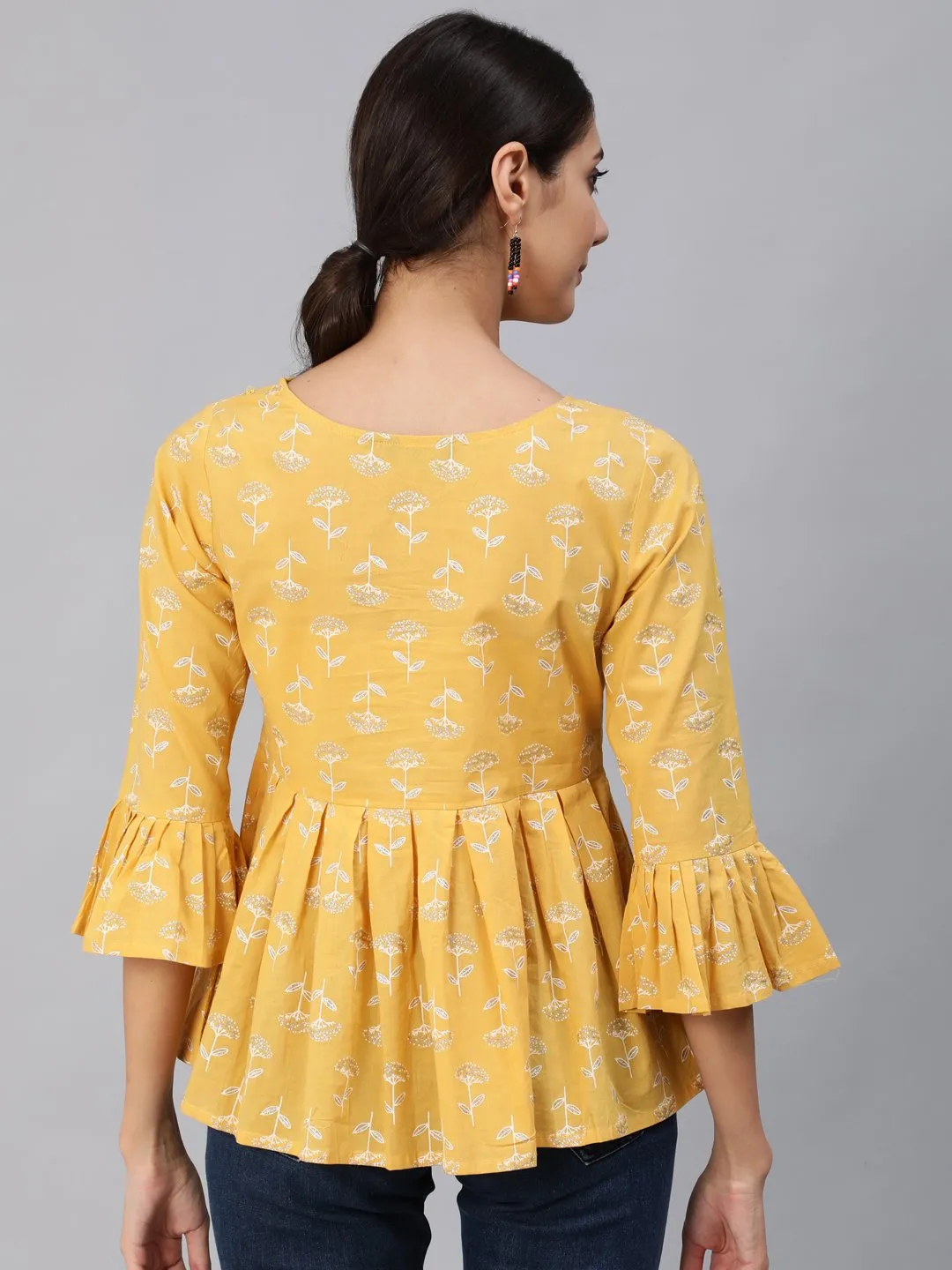 Women Yellow & Silver Printed Top With Three Quarter Flared Sleeves