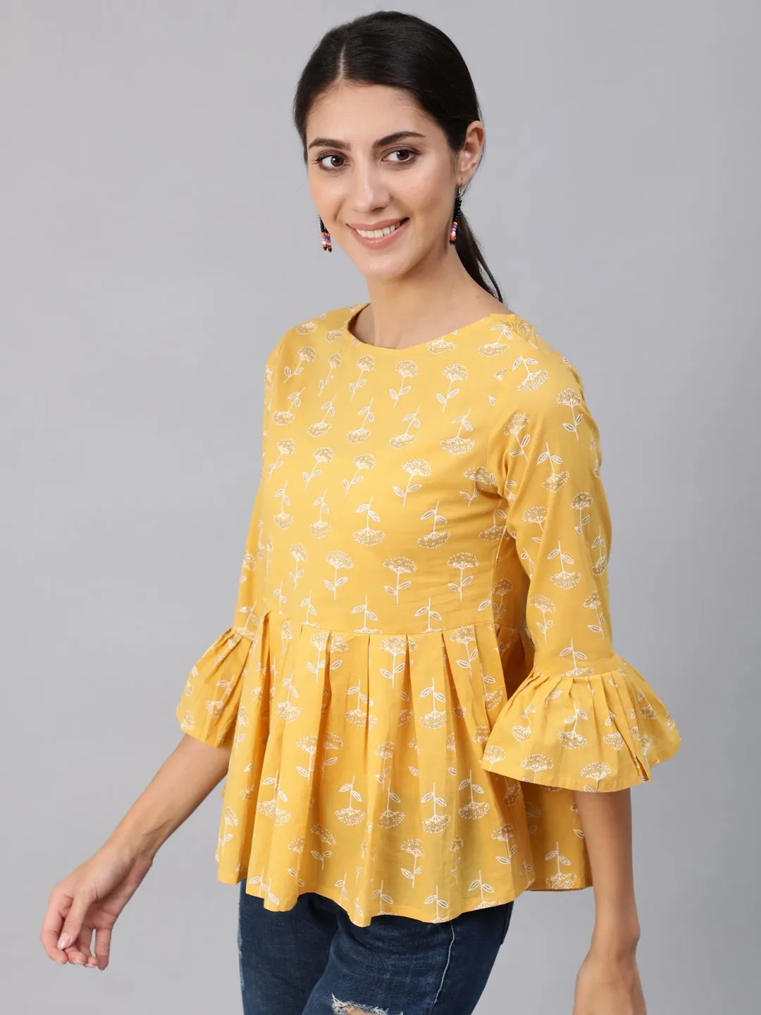 Women Yellow & Silver Printed Top With Three Quarter Flared Sleeves