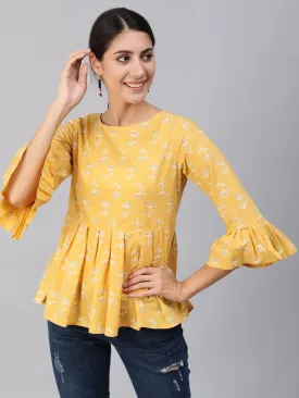 Women Yellow & Silver Printed Top With Three Quarter Flared Sleeves