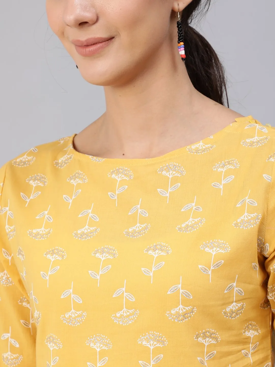 Women Yellow & Silver Printed Top With Three Quarter Flared Sleeves