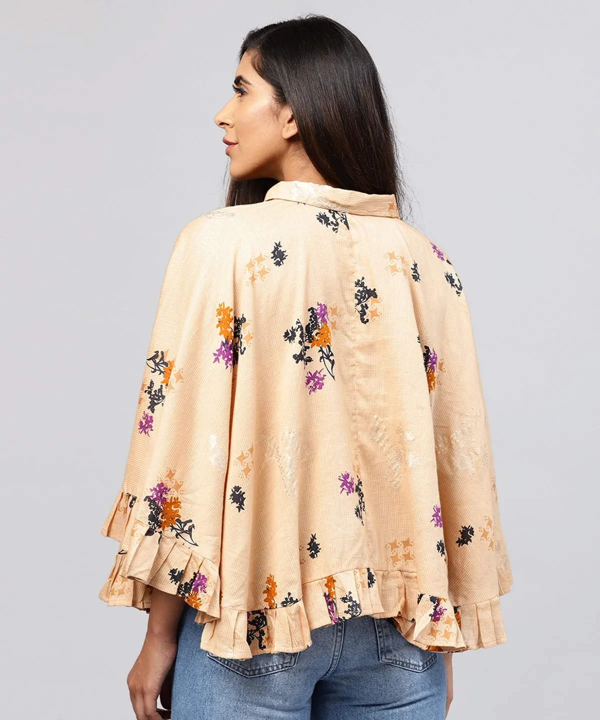 Yellow Front Open Banglori Printed Poncho Tops