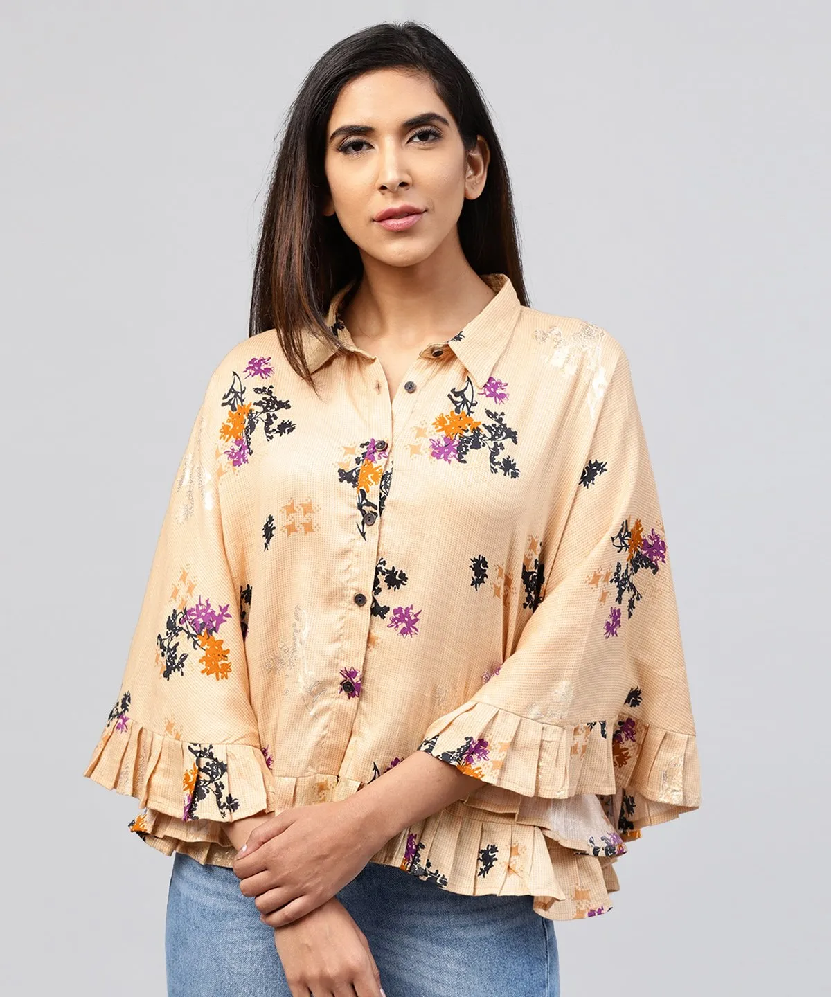 Yellow Front Open Banglori Printed Poncho Tops