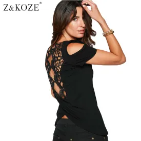 Z&KOZE 2017 Summer Women Hollow Out T Shirts Black Short Sleeve Off Shoulder Lace Patchwork Tops Tees Femme Camisetas Mujer